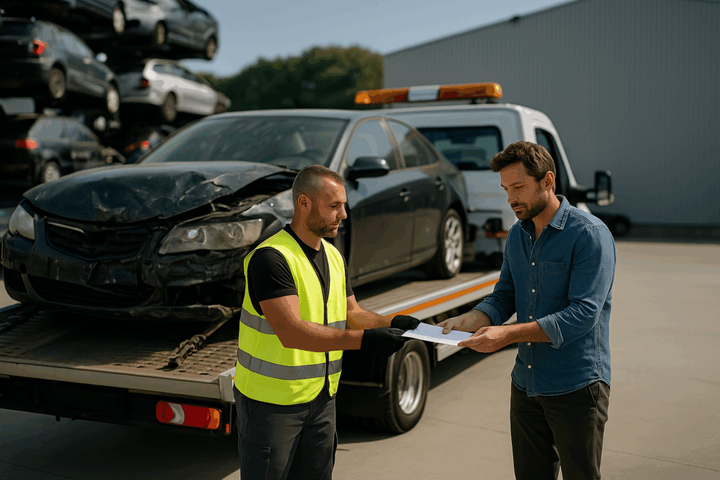 Autowrak wordt op takelwagen geladen terwijl eigenaar documenten overdraagt aan opkoper