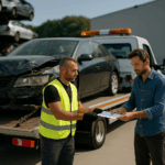 Autowrak wordt op takelwagen geladen terwijl eigenaar documenten overdraagt aan opkoper