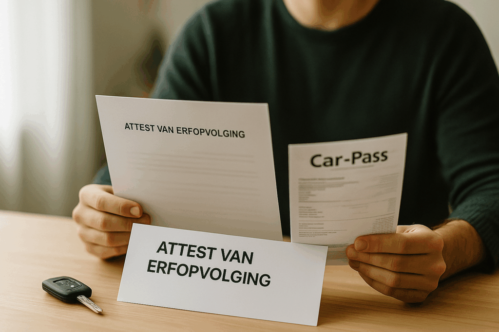 Persoon overhandigt boorddocumenten van een erfeniswagen aan potentiële koper, met natuurlijke scherptediepte en ruimte voor tekst