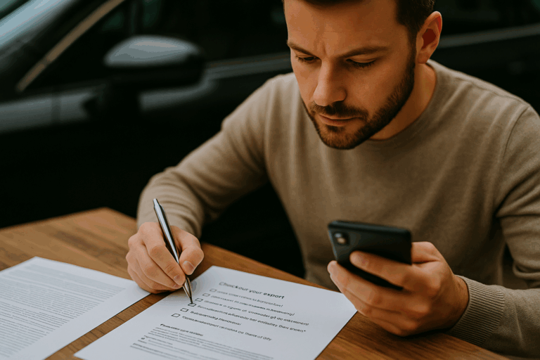 Man controleert voertuigpapieren voor export op parkeerterrein, klaar om auto over te dragen aan buitenlandse koper