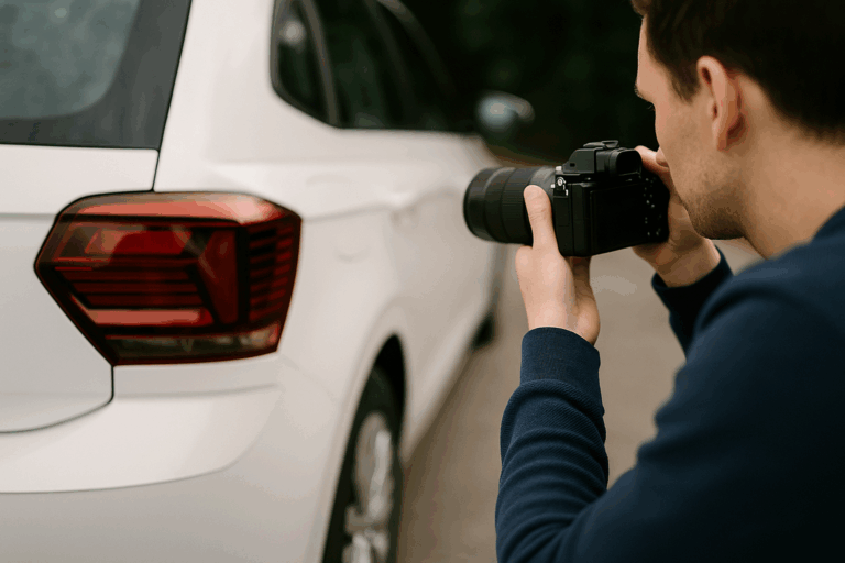 Persoon maakt detailfoto van een auto met DSLR-camera tijdens golden hour, gefocust op velg en carrosserie voor verkoopadvertentie