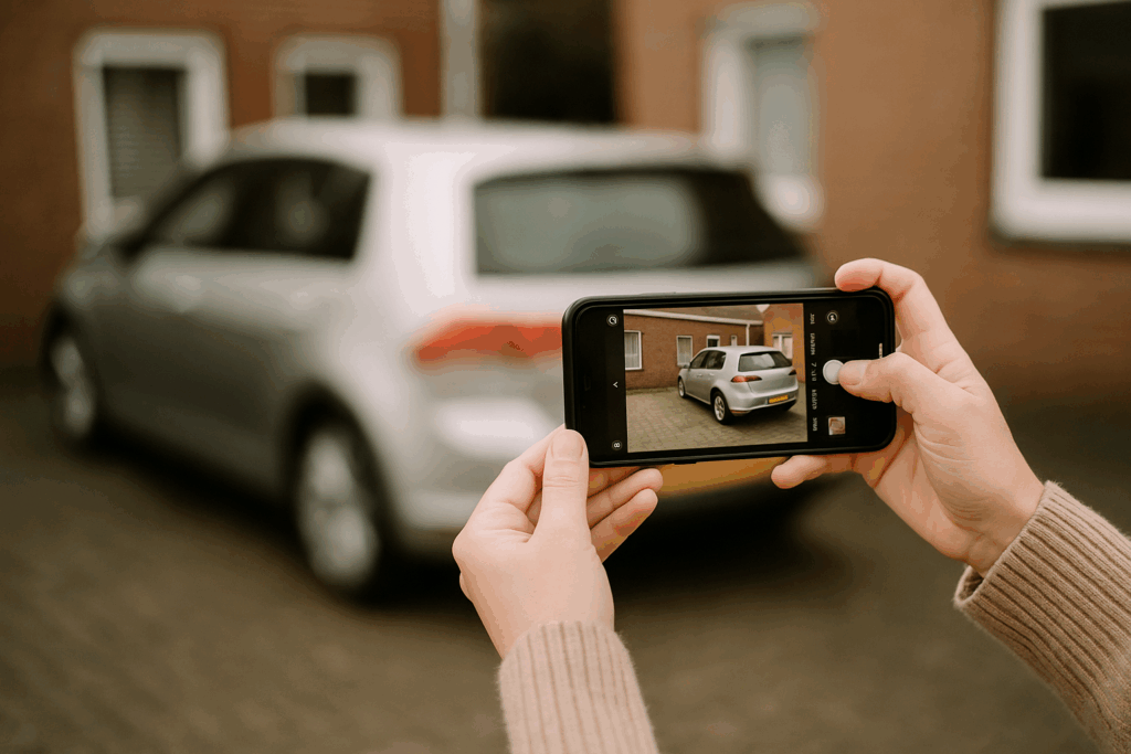 Persoon bekijkt autoadvertentie of verkoopinformatie op smartphone terwijl wagen op achtergrond zichtbaar is, natuurlijke belichting en horizontale compositie