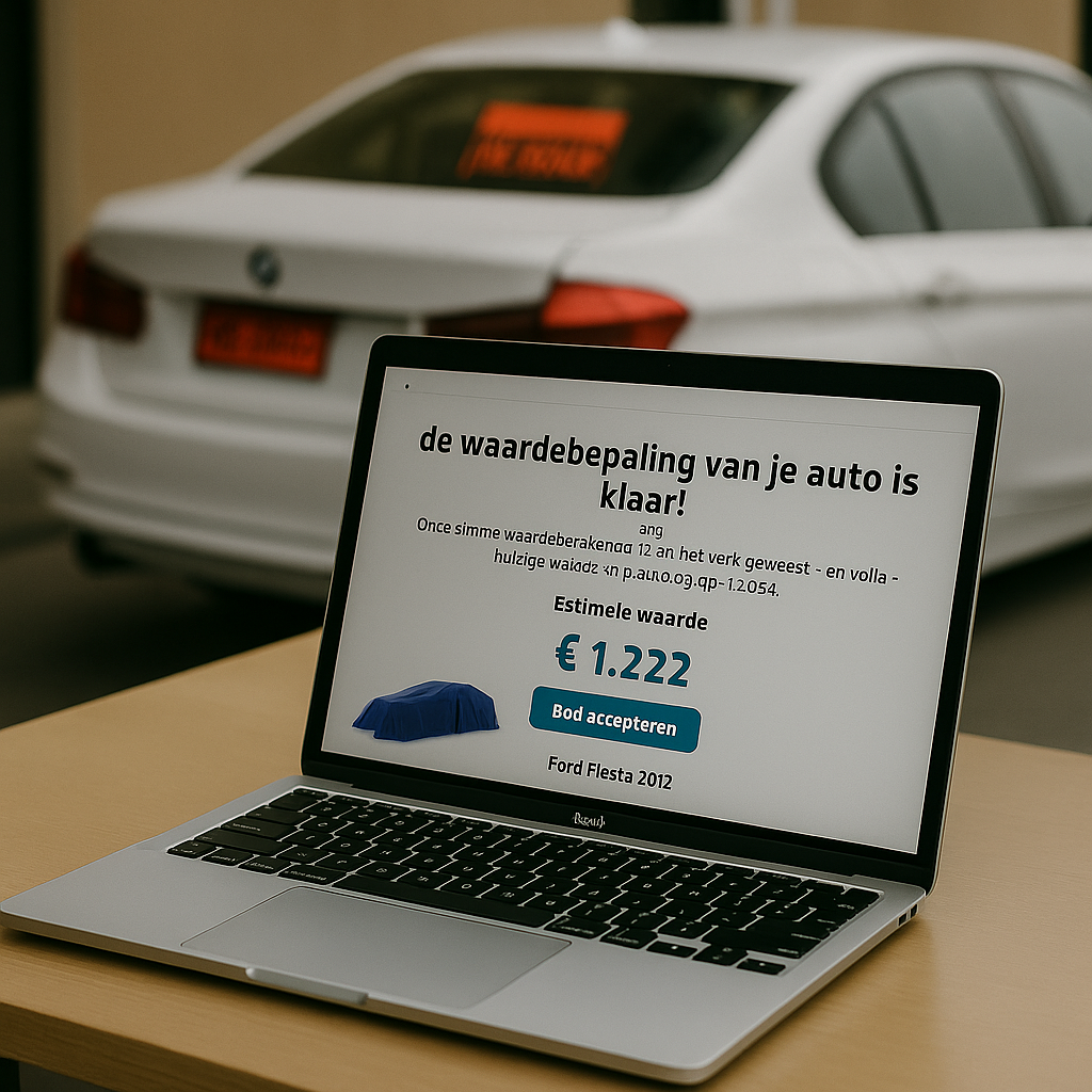 Laptop toont bod van €1.222 voor een Ford Fiesta terwijl een witte auto met realistisch TE KOOP-affiche op het raam geparkeerd staat in een opritomgeving