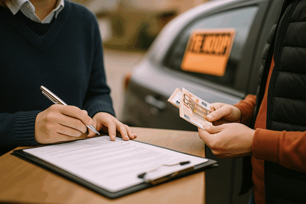 Twee mensen onderhandelen buiten over een autoverkoop, met eurobiljetten en clipboard zichtbaar; TE KOOP-affiche op achtergrond, documenten onscherp