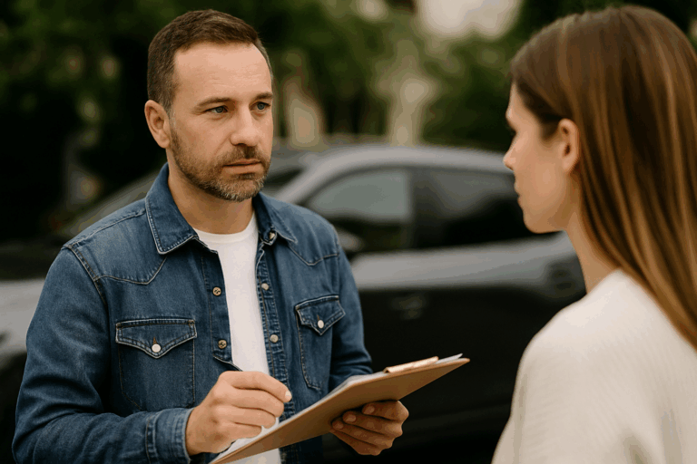 Man overhandigt verkoopdocument aan koper tijdens autoverkoop, buiten aan de wagen, met oogcontact en natuurlijke belichting