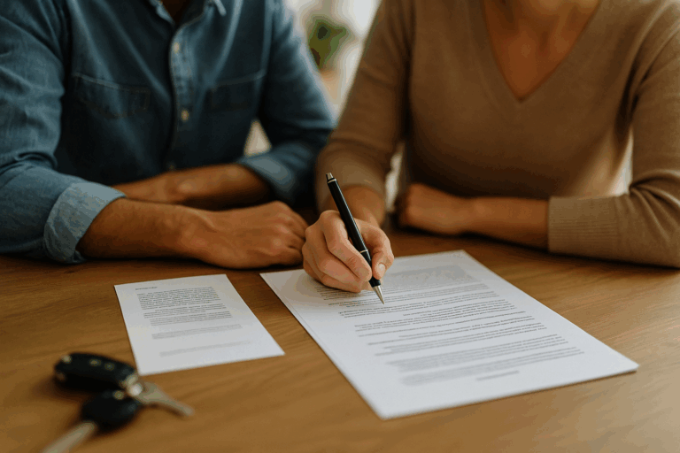 Twee personen bekijken samen verkoopdocumenten van een tweedehandsauto in openlucht
