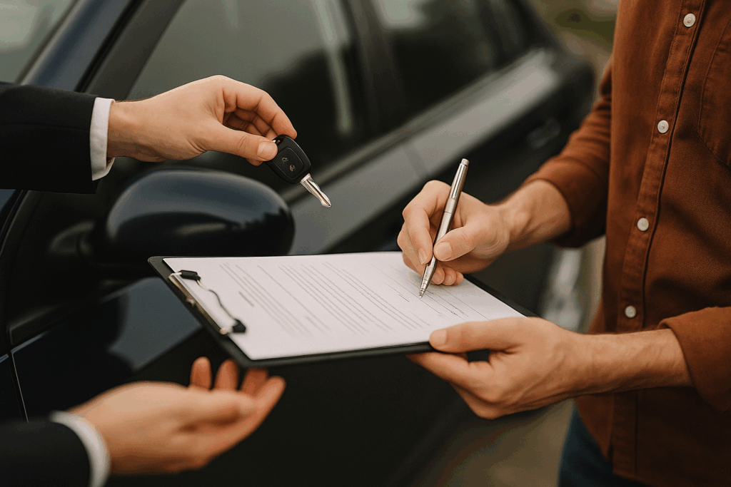 Man tekent verkoopdocument terwijl een exporteur de autosleutel overhandigt bij een donkerblauwe wagen, met scherpe focus en zachte achtergrond