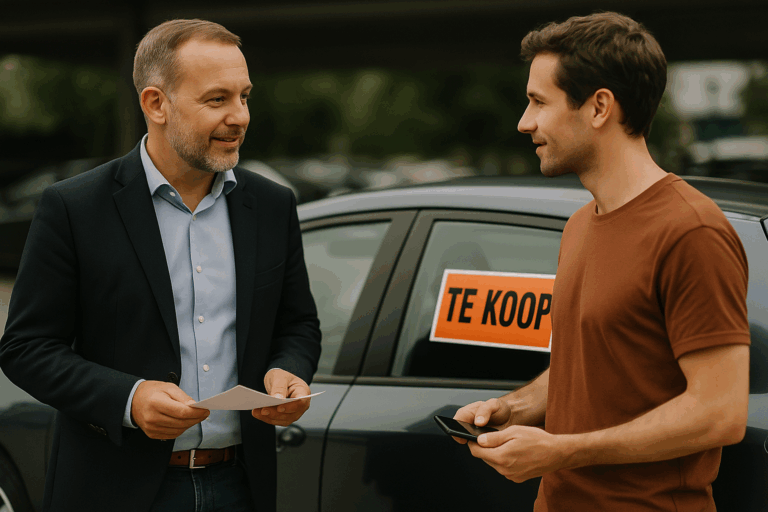 Handelaar en particuliere verkoper bespreken bod voor wagen met TE KOOP-affiche, gefotografeerd in warme analoge stijl met natuurlijke scherptediepte