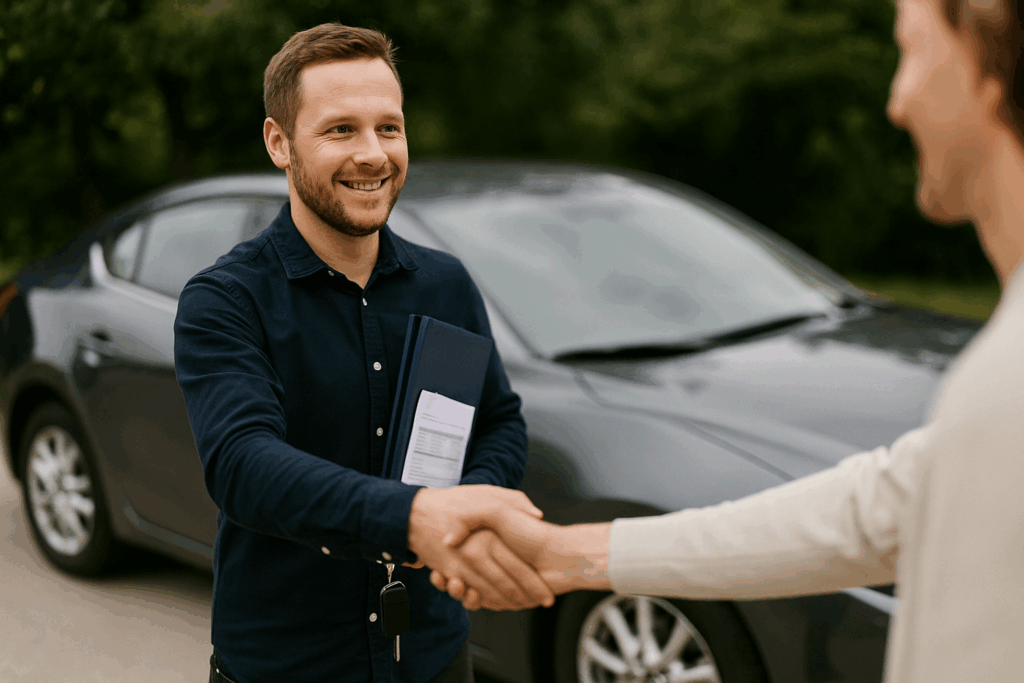 Verkoper geeft autosleutel en lening-documenten door bij verkoop van wagen