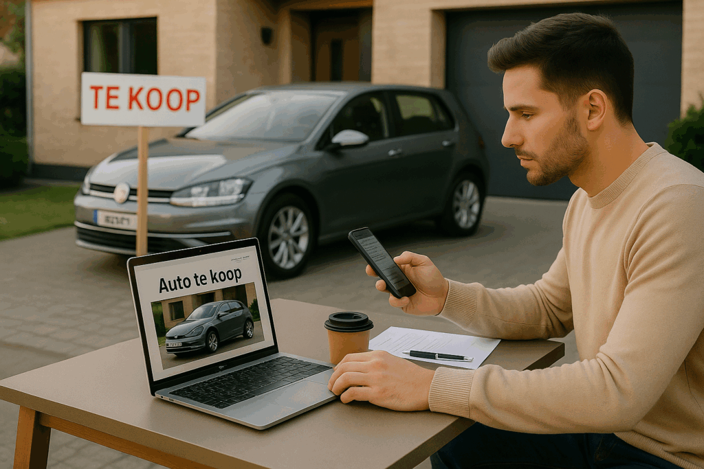 Man verkoopt auto via internet vanuit zijn tuin, met laptop waarop 'Auto te koop' staat, smartphone in de hand en grijze wagen met TE KOOP-bord op de achtergrond.
