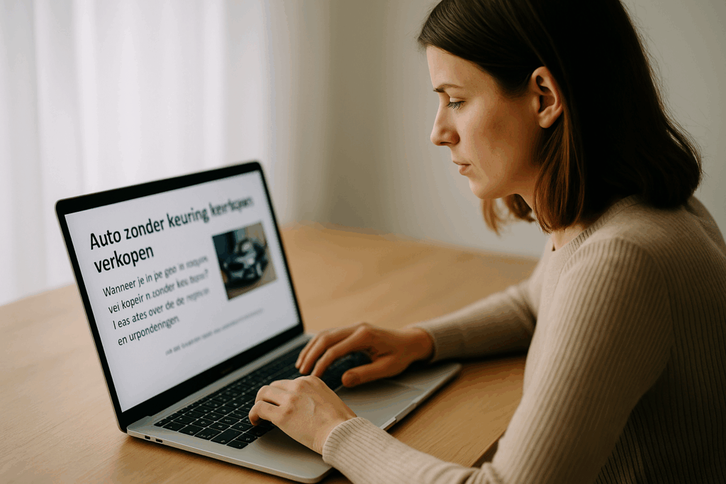 Vrouw bespreekt autoverkoop zonder keuring met koper buiten in natuurlijk daglicht