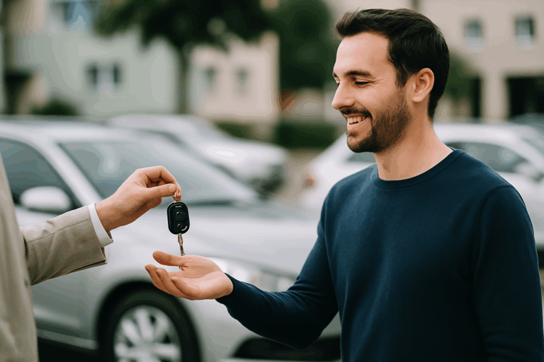 Man ontvangt autosleutel van koper tijdens snelle verkoop; scherp beeld met natuurlijke diepte en onscherpe achtergrond