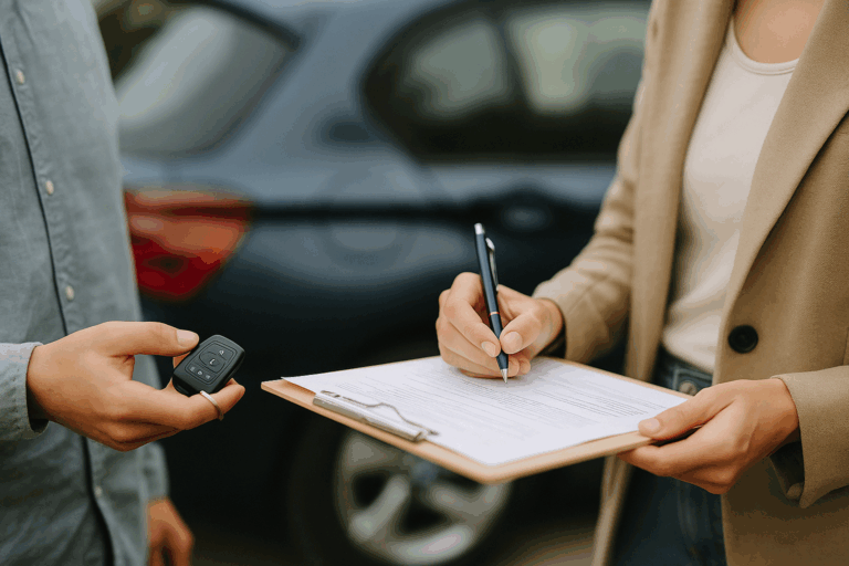 Verkoper overhandigt autosleutel terwijl koper documenten tekent op clipboard bij een donkerblauwe wagen; documenten zijn onscherp zichtbaar