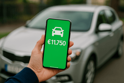 Smartphone met groen bod toont gratis waardebepaling auto online – direct bod van € 11.750, ontdek hoeveel je auto waard is.