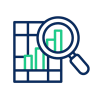 Grafiek met vergrootglas waarop de BOT duizenden Belgische verkopen vergelijkt om de waarde van je auto berekenen.