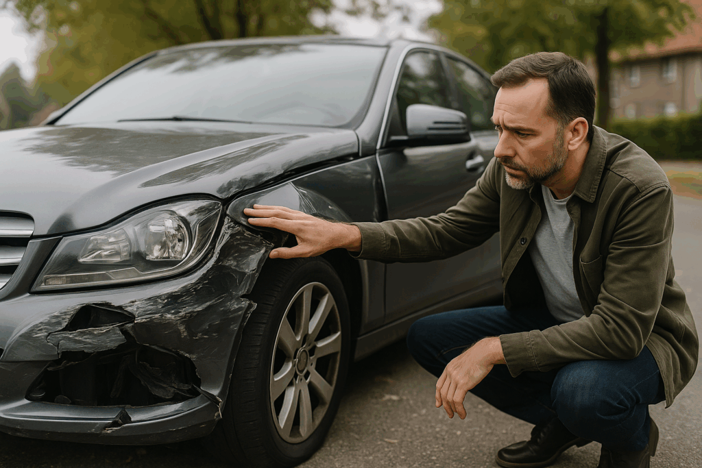 Defecte donkergrijze wagen geparkeerd aan de kant van de weg met zichtbare schade