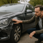 Defecte donkergrijze wagen geparkeerd aan de kant van de weg met zichtbare schade