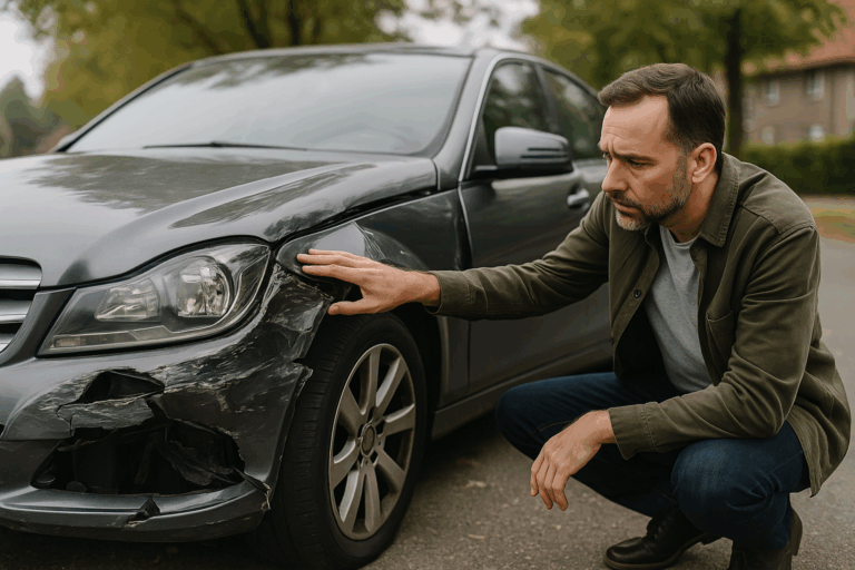 Defecte donkergrijze wagen geparkeerd aan de kant van de weg met zichtbare schade