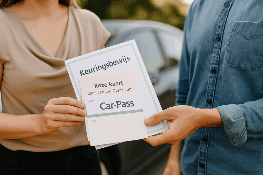 Man overhandigt autosleutels en documenten aan koper bij verkoop van tweedehandsauto