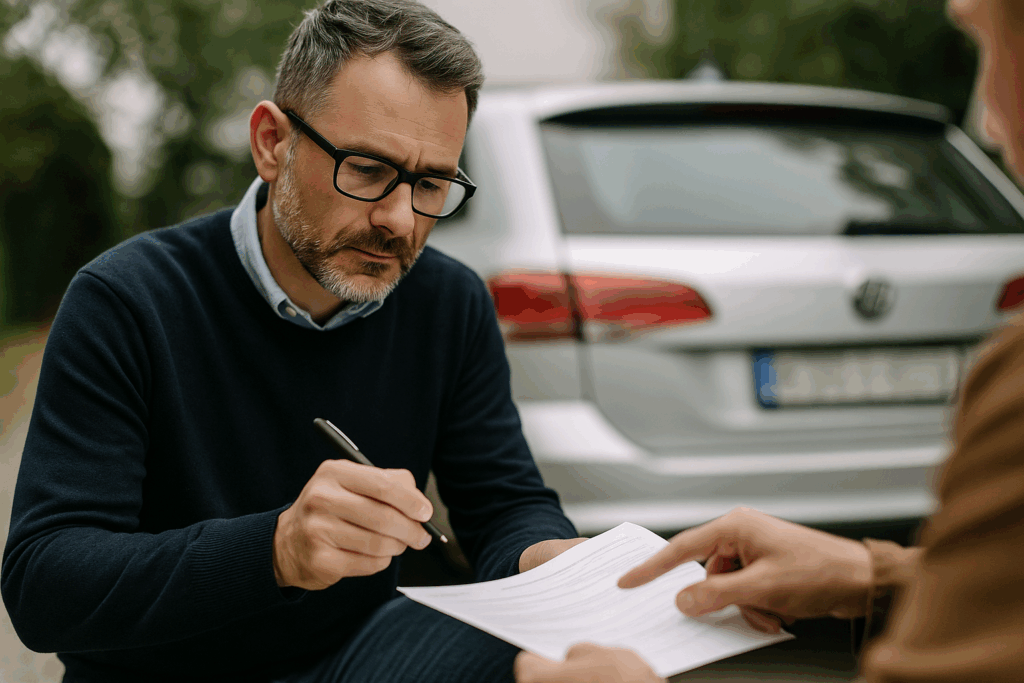 Man en koper onderhandelen over de verkoopprijs van een tweedehandsauto tijdens bezichtiging, met ruimte voor tekst en natuurlijke belichting