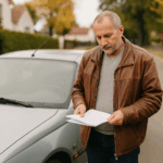 Man bekijkt zilverkleurige oude wagen in Belgische straat, klaar voor verkoop
