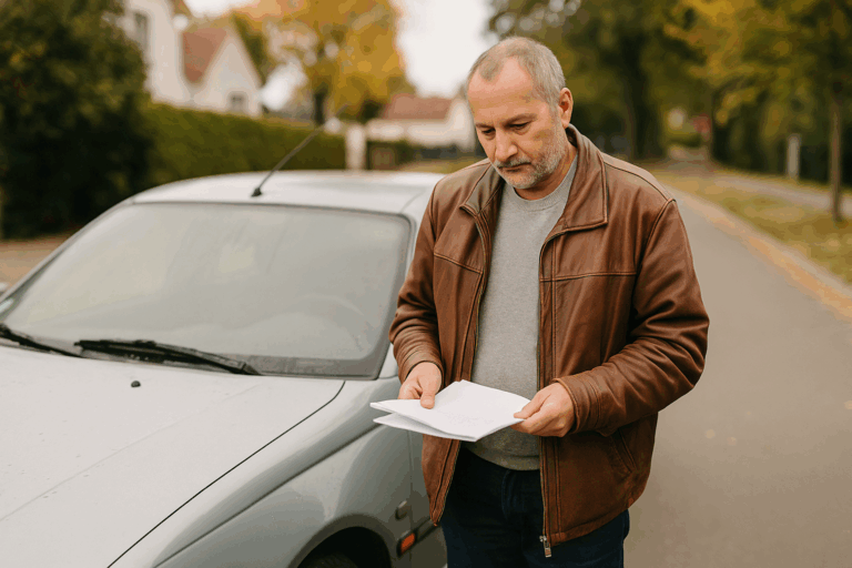 Man bekijkt zilverkleurige oude wagen in Belgische straat, klaar voor verkoop