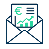 Envelop-icoon met rapport en prijsgrafiek: ontvang per mail de marktwaarde auto en richtprijs na gratis berekening.