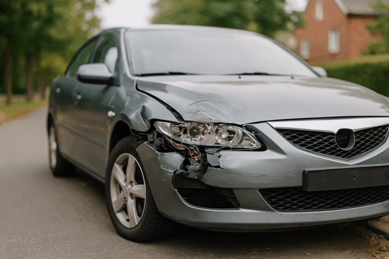 Beschadigde zilvergrijze wagen met ingedeukte zijkant geparkeerd op oprit, gefotografeerd bij daglicht