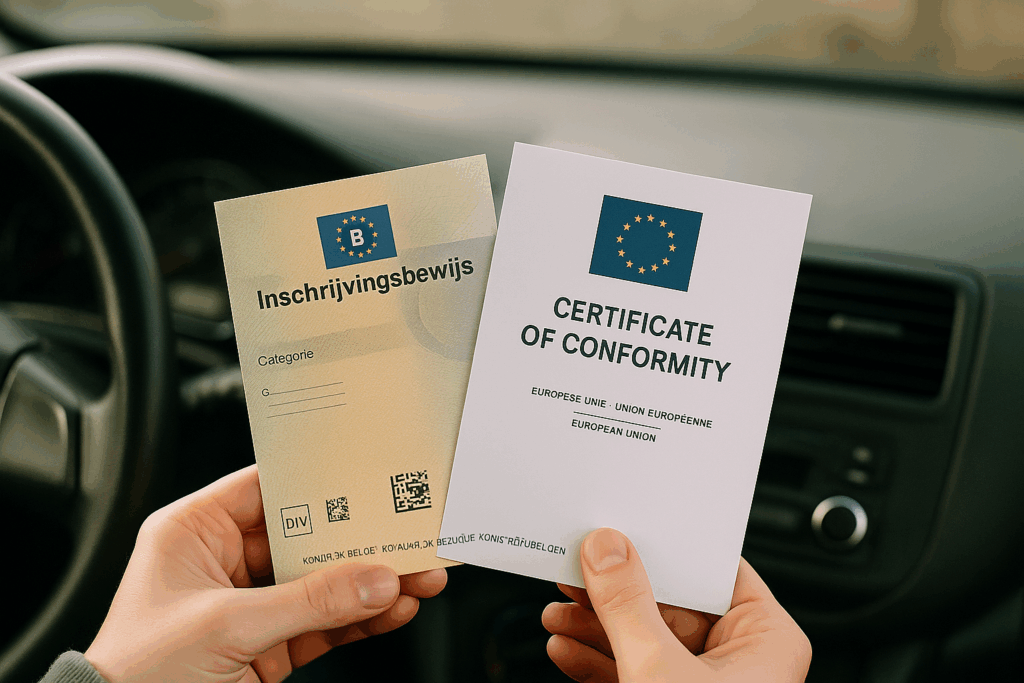 Persoon toont Belgisch inschrijvingsbewijs en COC-document tijdens verkoop van een auto zonder keuring, met ruimte voor tekst en natuurlijke belichting