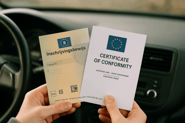 Persoon toont Belgisch inschrijvingsbewijs en COC-document tijdens verkoop van een auto zonder keuring, met ruimte voor tekst en natuurlijke belichting