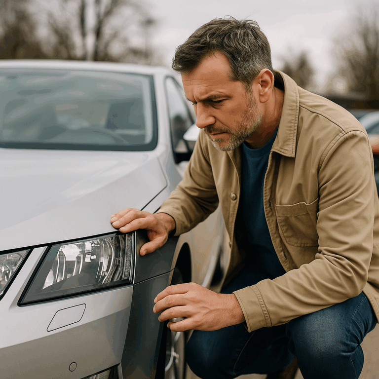 Man inspecteert zorgvuldig de koplamp van een zilveren wagen voor verkoop