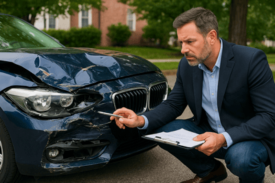 Schade-expert inspecteert kapotte bumper om dagwaarde auto na ongeval te berekenen en restwaarde van het voertuig vast te stellen.