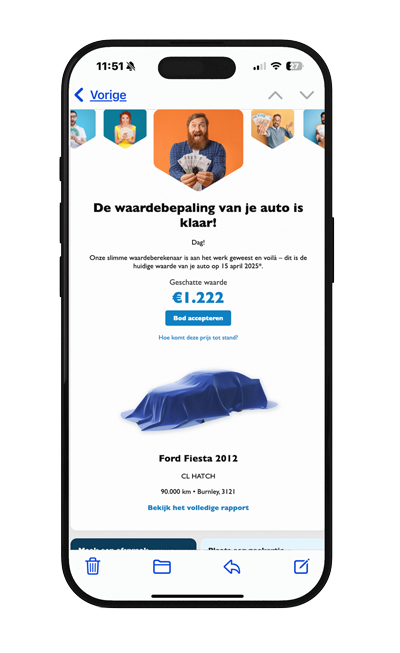 ALT-text (image): Smartphone waarop een e-mailrapport van Bodie zichtbaar is, met bod en prijsgrafiek
